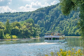 Personenfähre auf Fluss vor bewaldetem Hügel bei sonnigem Himmel und Ufer mit Pflanzen im Vordergrund